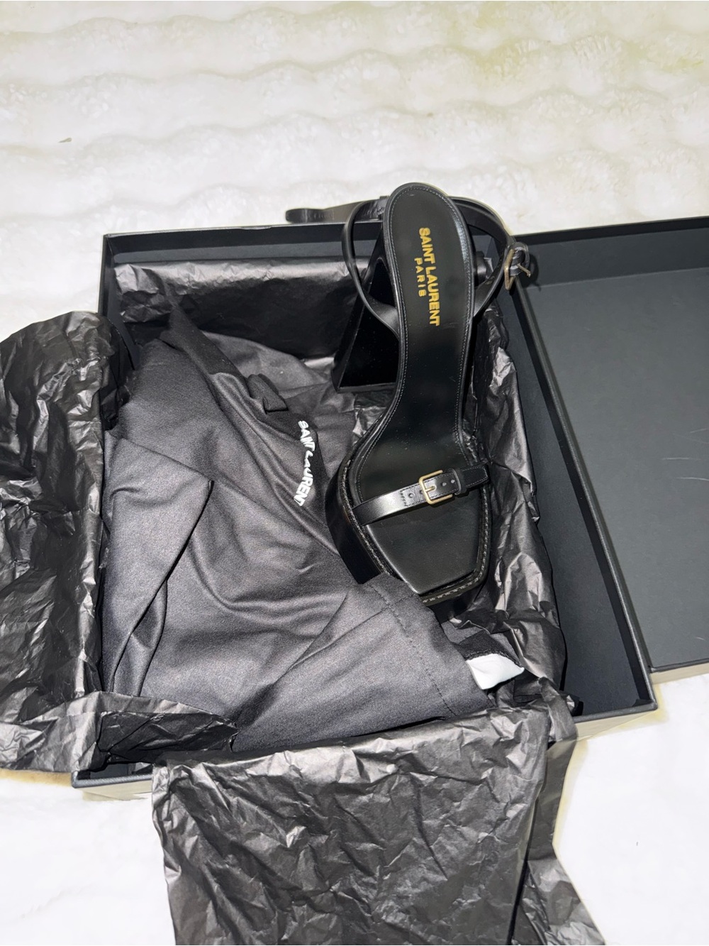 Saint Laurent Black Leather Square-Toe Slingback Heels with Gold Buckles - Picture 2 of 11